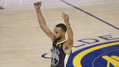 Jun 3, 2018; Oakland, CA, USA; Golden State Warriors guard Stephen Curry (30) reacts against the Cleveland Cavaliers during the second half in game two of the 2018 NBA Finals at Oracle Arena. Mandatory Credit: Cary Edmondson-USA TODAY Sports