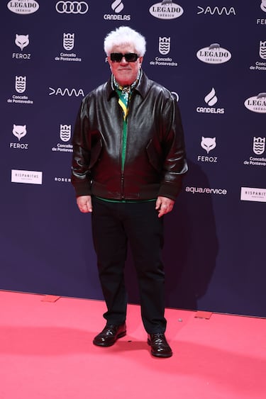 El director de cine Pedro Almodóvar posa en la alfombra roja de los Premios Feroz 2025.