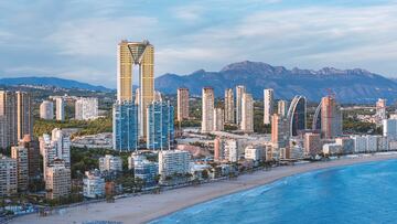 View of some Benidorm skyscrapers in Poniente Beach by the end of the day.