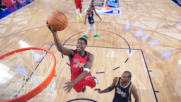 INGLEWOOD, CALIFORNIA - FEBRUARY 15: (EDITORS NOTE: Image Has Been Taken Using A Static Remote Camera.) Anthony Edwards #5 of the Minnesota Timberwolves and Team USA Stars shoots against Kawhi Leonard #2 of the Los Angeles Clippers and Team USA Stripes during the 75th NBA All-Star Game at Intuit Dome on February 15, 2026 in Inglewood, California. Ronald Martinez/Getty Images/AFP (Photo by RONALD MARTINEZ / GETTY IMAGES NORTH AMERICA / Getty Images via AFP)