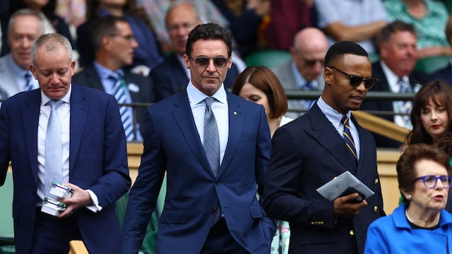 Tennis - Wimbledon - All England Lawn Tennis and Croquet Club, London, Britain - July 13, 2024 Actor Hugh Jackman is seen in the royal box before the women's singles final match between Czech Republic's Barbora Krejcikova and Italy's Jasmine Paolini REUTERS/Hannah Mckay