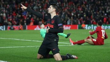 Morata tras marcar su gol al Liverpool en Anfield, donde sufrió una lesión muscular de un mes.