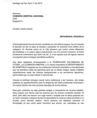 Nolberto Ararat reconoce errores y renuncia al arbitraje