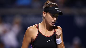 TORONTO, ON - AUGUST 11: Belinda Bencic of Switzerland celebrates after winning a point against Garbine Muguruza of Spain during the National Bank Open, part of the Hologic WTA Tour, at Sobeys Stadium on August 11, 2022 in Toronto, Ontario, Canada.   Vaughn Ridley/Getty Images/AFP
== FOR NEWSPAPERS, INTERNET, TELCOS & TELEVISION USE ONLY ==