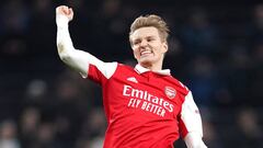 Arsenal's Martin Odegaard celebrates in front of the away fans following victory in the Premier League match at the Tottenham Hotspur Stadium, London. Picture date: Sunday January 15, 2023. (Photo by Nick Potts/PA Images via Getty Images)