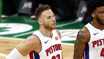 BOSTON, MASSACHUSETTS - FEBRUARY 12: Blake Griffin #23 of the Detroit Pistons and Saddiq Bey #41 look on during the second quarter against the Boston Celtics at TD Garden on February 12, 2021 in Boston, Massachusetts. NOTE TO USER: User expressly acknowledges and agrees that, by downloading and or using this photograph, User is consenting to the terms and conditions of the Getty Images License Agreement. Maddie Meyer/Getty Images/AFP
== FOR NEWSPAPERS, INTERNET, TELCOS & TELEVISION USE ONLY ==