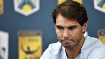 PARIS, FRANCE - OCTOBER 31:  Rafael Nadal of Spain announces his withdrawal from the Rolex Paris Masters due to an abdominal injury on October 31, 2018 in Paris, France.  (Photo by Aurelien Meunier/Getty Images)