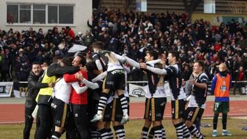 Celebraci&oacute;n del gol de Unionistas ante el Deportivo en Copa del Rey