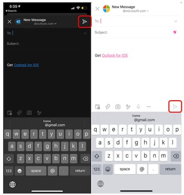 Outlook para iOS cambia el botón de envío