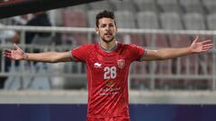 (FILES) In this file photo taken on May 9, 2017 Qatar&#039;s Lekhwiya player Youssef Msakni celebrates after scoring a goal during the AFC Champions League football match between Qatar&#039;s Lekhwiya and Saudi Arabia&#039;s Al-Fateh at the Abdullah bin K