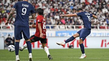 Paris Saint-Germain's Pablo Sarabia (R) opens the scoring during the first half of a PSG Japan Tour football match against Urawa Reds on July 23, 2022, at Saitama Stadium in Saitama, near Tokyo. (Photo by Kyodo News via Getty Images)