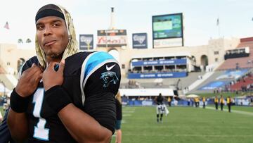 LOS ANGELES, CA - NOVEMBER 06: Quarterback Cam Newton #1 of the Carolina Panthers smiles as he is interviewed after his team defeated the Los Angeles Rams 13-10 in the game at the Los Angeles Coliseum on November 6, 2016 in Los Angeles, California. Harry How/Getty Images/AFP
== FOR NEWSPAPERS, INTERNET, TELCOS & TELEVISION USE ONLY ==