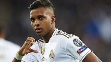 MADRID, SPAIN - NOVEMBER 06: Rodrygo Goes of Real Madrid celebrates scoring his team&#039;s goal during the UEFA Champions League group A match between Real Madrid and Galatasaray at Bernabeu on November 06, 2019 in Madrid, Spain. (Photo by Quality Sport 