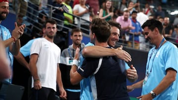 SYDNEY, AUSTRALIA - JANUARY 08: Diego Schwartzman of Argentina celebrates with his team after winning his Group E singles match against Borna Coric of Croatia during day six of the 2020 ATP Cup Group Stage at Ken Rosewall Arena on January 08, 2020 in Sydney, Australia. (Photo by Cameron Spencer/Getty Images)