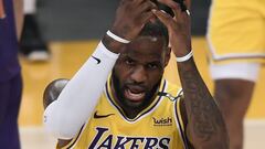 LOS ANGELES, CALIFORNIA - JUNE 03: LeBron James #23 of the Los Angeles Lakers reacts after a Phoenix Suns foul in the second quarter during game six of the Western Conference first round series at Staples Center on June 03, 2021 in Los Angeles, California.   Harry How/Getty Images/AFP NOTE TO USER: User expressly acknowledges and agrees that, by downloading and or using this photograph, User is consenting to the terms and conditions of the Getty Images License Agreement.
 == FOR NEWSPAPERS, INTERNET, TELCOS &amp; TELEVISION USE ONLY ==