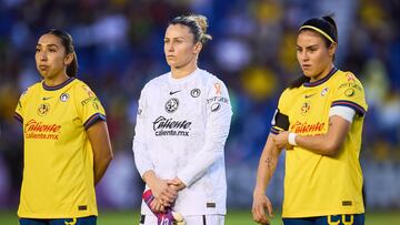 Karina Rodriguez, Sandra Panos, Karen Luna of America during the Quarter-Finals second leg match between America and FC Juarez as part of the Torneo Clausura 2025, Liga MX Femenil at Ciudad de los Deportes Stadium on April 26, 2025 in Mexico City, Mexico.