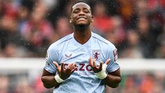 Aston Villa's Columbian striker Jhon Duran reacts during the English Premier League football match between Manchester United and Aston Villa at Old Trafford in Manchester, north west England, on April 30, 2023. (Photo by Oli SCARFF / AFP) / RESTRICTED TO EDITORIAL USE. No use with unauthorized audio, video, data, fixture lists, club/league logos or 'live' services. Online in-match use limited to 120 images. An additional 40 images may be used in extra time. No video emulation. Social media in-match use limited to 120 images. An additional 40 images may be used in extra time. No use in betting publications, games or single club/league/player publications. / 