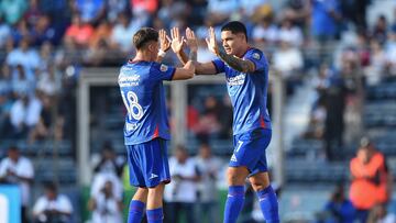 Cruz Azul's Gabriel Fernandez celebrates after scoring a goal during the Mexican Clausura football tournament match between Cruz Azul and Mazatlan at Ciudad de los Deportes stadium in Mexico City, Mexico on January 27, 2024. (Photo by Rodrigo Oropeza / AFP)