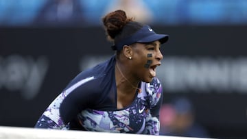 Serena Williams reacts in her round of 16 doubles match with Ons Jabeur (not pictured) on centre court on day four of the Rothesay International Eastbourne at Devonshire Park, Eastbourne. Picture date: Tuesday June 21, 2022. (Photo by Steven Paston/PA Images via Getty Images)