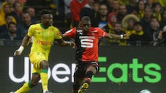 Nantes&#039; Nigerian forward Moses Simon (L) vies with Rennes&#039; Malian defender Hamari Traore during the French L1 football match between FC Nantes and Stade Rennais Football Club at the Beaujoire stadium in Nantes, northwestern France on September 2