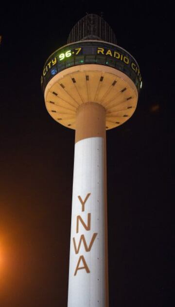 The names of the 96 Liverpool fans who died in the Hillsborough football stadium disaster are beamed onto the Radio City Tower in Liverpool city centre.