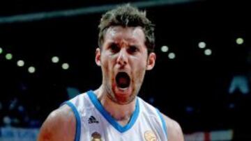 Rudy Fernández celebra una acción positiva en el primer partido ante el Maccabi, disputado en el Palacio de los Deportes.