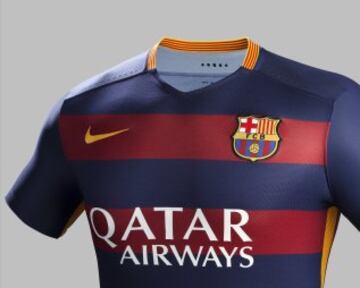Presentación de la nueva equipación con franjas horizontales del Barcelona para la temporada 2015-2016.