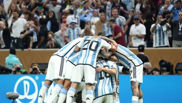 LUSAIL CITY, QATAR - DECEMBER 18: Angel Di Maria of Argentina celebrates with teammates after scoring the team's second goal past Hugo Lloris of France during the FIFA World Cup Qatar 2022 Final match between Argentina and France