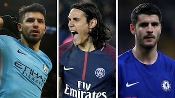 Sergio Ag&uuml;ero (Manchester City), Edinson Cavani (PSG) y &Aacute;lvaro Morata (Chelsea).