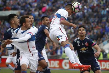 El jugador de Universidad Católica Benjamín Vidal controla el balón durante el partido de primera división contra Universidad de Chile disputado en el estadio Nacional de Santiago, Chile.
