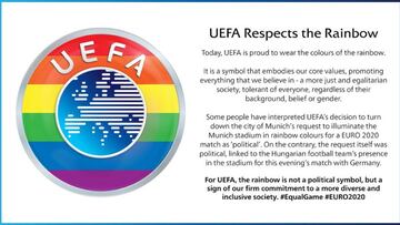 UEFA: "Orgullosa de llevar los colores del arcoíris", que "no es un símbolo político"