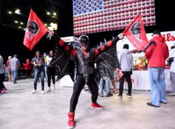 Un murciélago recién salido del infierno apoyando a los Falcons. Suponemos que será algún tipo de solidaridad entre animales alados.