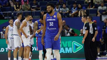 Karl-Anthony Towns of Dominican Republic reacts after a foul was called against Italy during the FIBA Basketball World Cup 2023 group stage match between Italy and Dominican Republic at the Araneta Coliseum in Manila, Philippines.