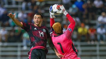 (L-R), Luis Chavez of Mexico and Andre Blake of Jamaica during the game Jamaica vs Mexico National Team (Mexican National Team), corresponding to Group A of League A of the CONCACAF Nations League 2022-2023, at National Stadium Independence Park, on June 14, 2022.
<br><br>
(I-D), Luis Chavez de Mexico y Andre Blake de Jamaica durante el partido Jamaica vs Mexico (Seleccion Nacional Mexicana), correspondiente al Grupo A de la Liga A de la Liga de Naciones CONCACAF 2022-2023, en el National Stadium Independence Park, el 14 de Junio de 2022.