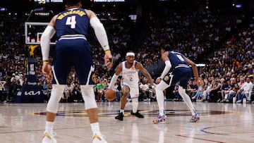 May 11, 2025; Denver, Colorado, USA; Oklahoma City Thunder guard Shai Gilgeous-Alexander (2) controls the ball against Denver Nuggets forward Peyton Watson (8) as guard Russell Westbrook (4) defends in the first quarter during game four of the second round of the 2025 NBA Playoffs at Ball Arena. Mandatory Credit: Isaiah J. Downing-Imagn Images