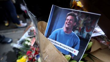 A makeshift memorial for actor Matthew Perry, the wise-cracking co-star of the 1990s hit television sitcom "Friends," who was found dead at his Los Angeles home October 28, is pictured on Bedford Street in Manhattan in New York City, U.S., October 30, 2023. REUTERS/Mike Segar