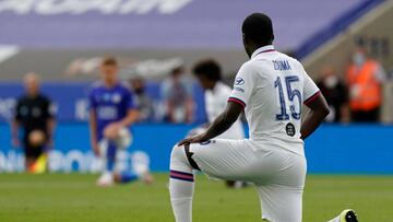Chelsea's French defender Kurt Zouma and teammates 'take a knee' in support of the Black Lives Matter movement ahead of the English FA Cup quarter-final football match between Leicester City and Chelsea at King Power Stadium in Leicester, c