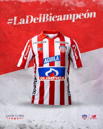 Esta es la camiseta principal (roja y blanca) de Junior de Barranquilla para 2020.