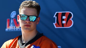 Feb 11, 2022; Los Angeles, CA, USA; Cincinnati Bengals quarterback Joe Burrow (9) speaks during media availabilty for Super Bowl LVI at Drake Stadium. Mandatory Credit: Gary A. Vasquez-USA TODAY Sports