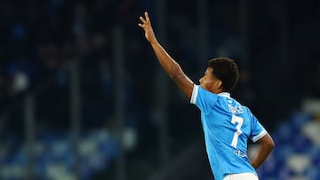 Soccer Football - Serie A - Napoli v Atalanta - Stadio Diego Armando Maradona, Naples, Italy - November 22, 2025 Napoli's David Neres celebrates scoring their second goal REUTERS/Ciro De Luca