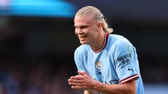 MANCHESTER, ENGLAND - OCTOBER 22: Erling Haaland of Manchester City during the Premier League match between Manchester City and Brighton & Hove Albion at Etihad Stadium on October 22, 2022 in Manchester, United Kingdom. (Photo by Robbie Jay Barratt - AMA/Getty Images)