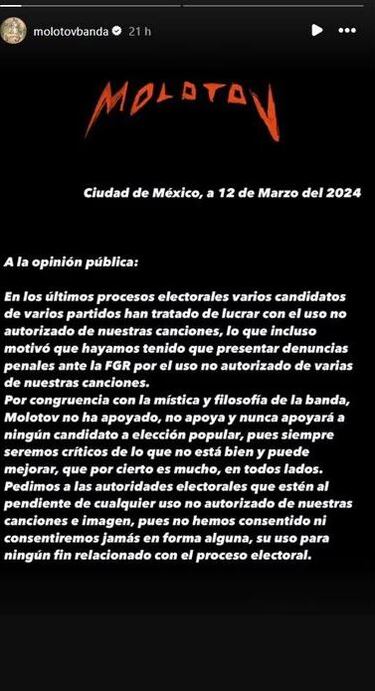 Molotov prohíbe el uso de su música en campañas electorales, tras video de Xóchitl Gálvez 