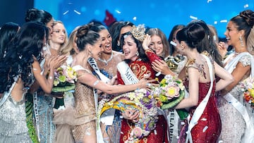 NONTHABURI, THAILAND - 2025/11/21: Fatima Bosch Fernández of Mexico (center) is celebrated after winning the title of Miss Universe 2025 (74th edition) at the final competition held at IMPACT Challenger Hall 2 in Nonthaburi, Thailand. The new queen from Mexico claimed the crown, while the representative of the host country, Veena Praveenar Singh from Thailand, achieved the remarkable position of 1st Runner-Up. The Miss Universe 2025 (74th edition) pageant showcased a massive field of talent, with a total of 120 beautiful contestants from around the world participating in the competition. (Photo by Arnun Chonmahatrakool/Thai News Pix/LightRocket via Getty Images)