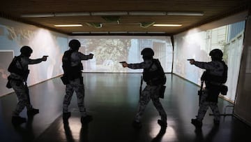 MOSCOW, RUSSIA - JANUARY 30:  (RUSSIA OUT) Officers with the OMON combat unit train at a new shooting range at their base January 30, 2023 in Podolsk, outside of Moscow, Russia. Special police units of Russian National Guard Service have been actively participating in the special operation of Russian troops in Ukraine since February 2022. (Photo by Contributor/Getty Images)