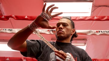 BURIEN, WASHINGTON - NOVEMBER 09: David �El Monstruo� Benavidez tapes his hands before working out with his brother Jose Benavidez Jr. (not pictured) during a media training session on November 09, 2023 in Burien, Washington. The Benavidez brothers will enter the ring on Saturday, November 25 in a Premier Boxing Champions event from Michelob ULTRA Arena at Mandalay Bay Resort and Casino in Las Vegas.   Steph Chambers/Getty Images/AFP (Photo by Steph Chambers / GETTY IMAGES NORTH AMERICA / Getty Images via AFP)