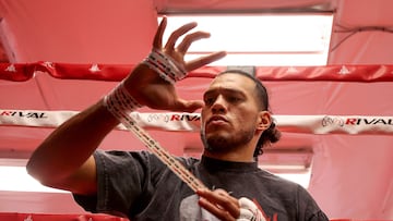 BURIEN, WASHINGTON - NOVEMBER 09: David �El Monstruo� Benavidez tapes his hands before working out with his brother Jose Benavidez Jr. (not pictured) during a media training session on November 09, 2023 in Burien, Washington. The Benavidez brothers will enter the ring on Saturday, November 25 in a Premier Boxing Champions event from Michelob ULTRA Arena at Mandalay Bay Resort and Casino in Las Vegas.   Steph Chambers/Getty Images/AFP (Photo by Steph Chambers / GETTY IMAGES NORTH AMERICA / Getty Images via AFP)