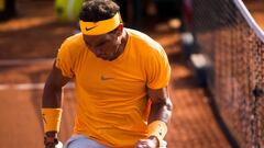 BARCELONA, SPAIN - APRIL 27:  Rafael Nadal of Spain celebrates winning a point against Martin Klizan of Slovakia in their match during day five of the Barcelona Open Banc Sabadell on April 27, 2018 in Barcelona, Spain.  (Photo by Alex Caparros/Getty Images)