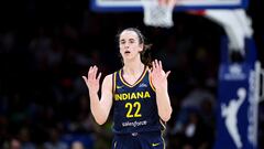 May 3, 2024; Dallas, Texas, USA; Indiana Fever guard Caitlin Clark (22) reacts after scoring during the first quarter against the Dallas Wings at College Park Center.  Mandatory Credit: Kevin Jairaj-USA TODAY Sports
