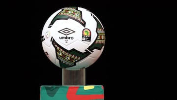 The official competition ball is displayed prior to the Group C Africa Cup of Nations (CAN) 2021 football match between Morocco and Comoros at at Stade Ahmadou Ahidjo in Yaounde on January 14, 2022. (Photo by Kenzo Tribouillard / AFP)