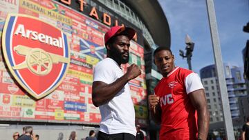 Soccer Football - Premier League - Arsenal v Manchester City - Emirates Stadium, London, Britain - October 8, 2023 Boxer's Joshua Buatsi and Dan Azeez square up for their fight outside the stadium before the match REUTERS/David Klein NO USE WITH UNAUTHORIZED AUDIO, VIDEO, DATA, FIXTURE LISTS, CLUB/LEAGUE LOGOS OR 'LIVE' SERVICES. ONLINE IN-MATCH USE LIMITED TO 45 IMAGES, NO VIDEO EMULATION. NO USE IN BETTING, GAMES OR SINGLE CLUB/LEAGUE/PLAYER PUBLICATIONS.